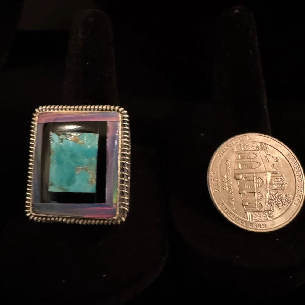 Beautiful‎ Turquoise, opal, black onyx and sterling Silver Ring